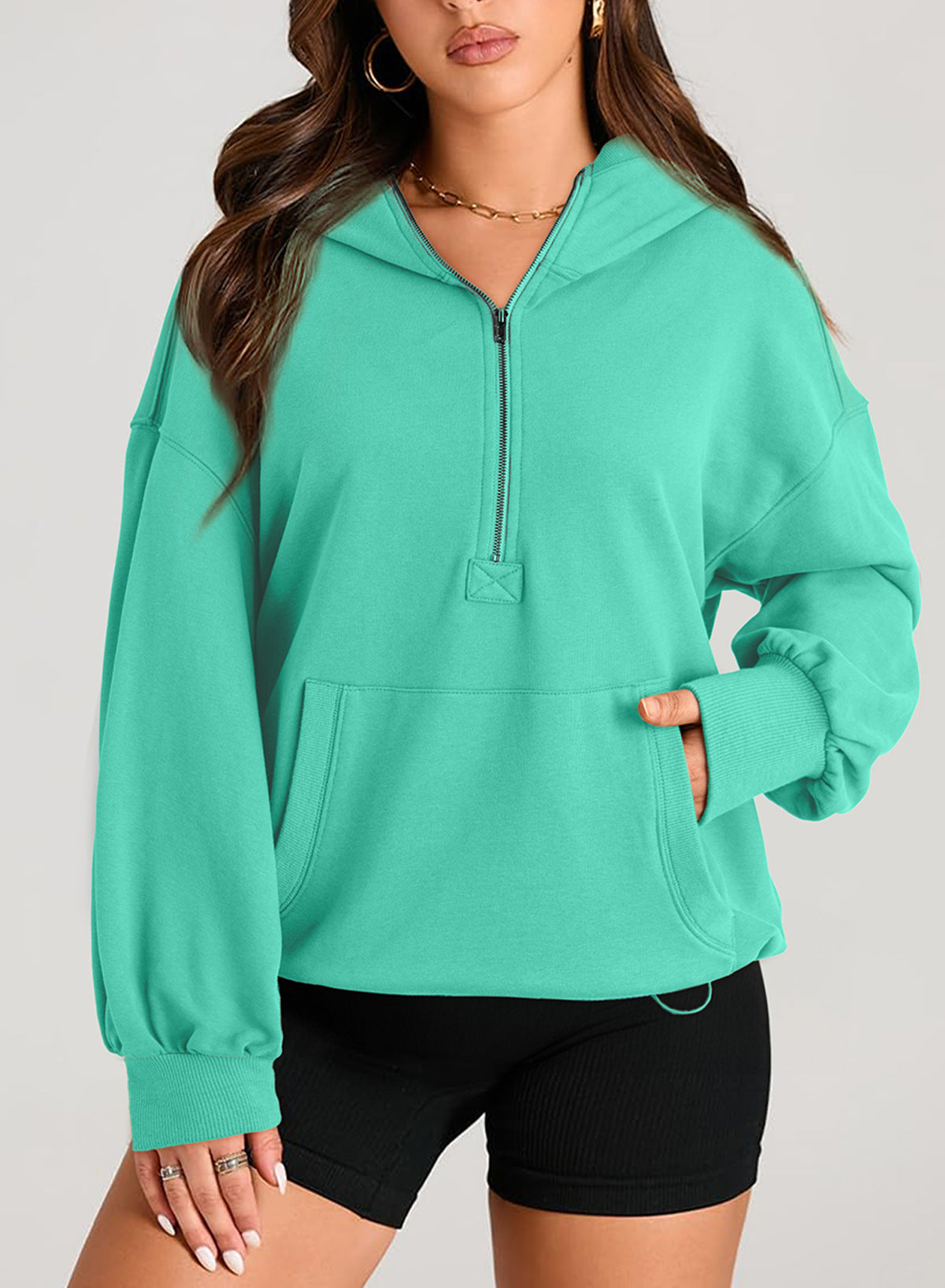 Autumn and winter women's solid color long-sleeved hooded zippered pocket hoodies 7