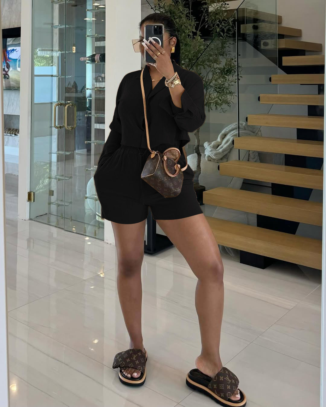 Women's Solid Color Long Sleeve Shirt Shorts Two-Piece Set 4