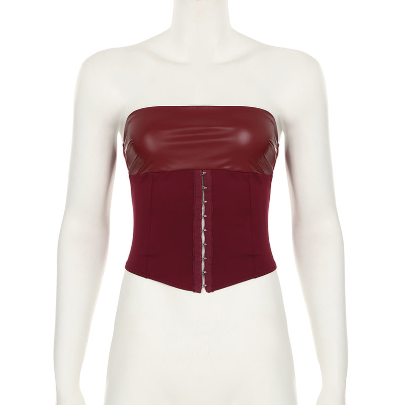 Slim Waist Lace-Up Strapless Top Leather Hollow Bodycon Skirt Two Piece Set 10