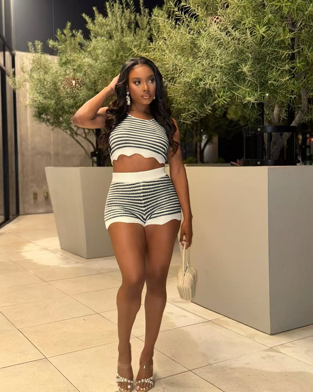 Fashion Casual Summer Contrast Color Knitting Short Sleeve Two Piece Shorts Set 3