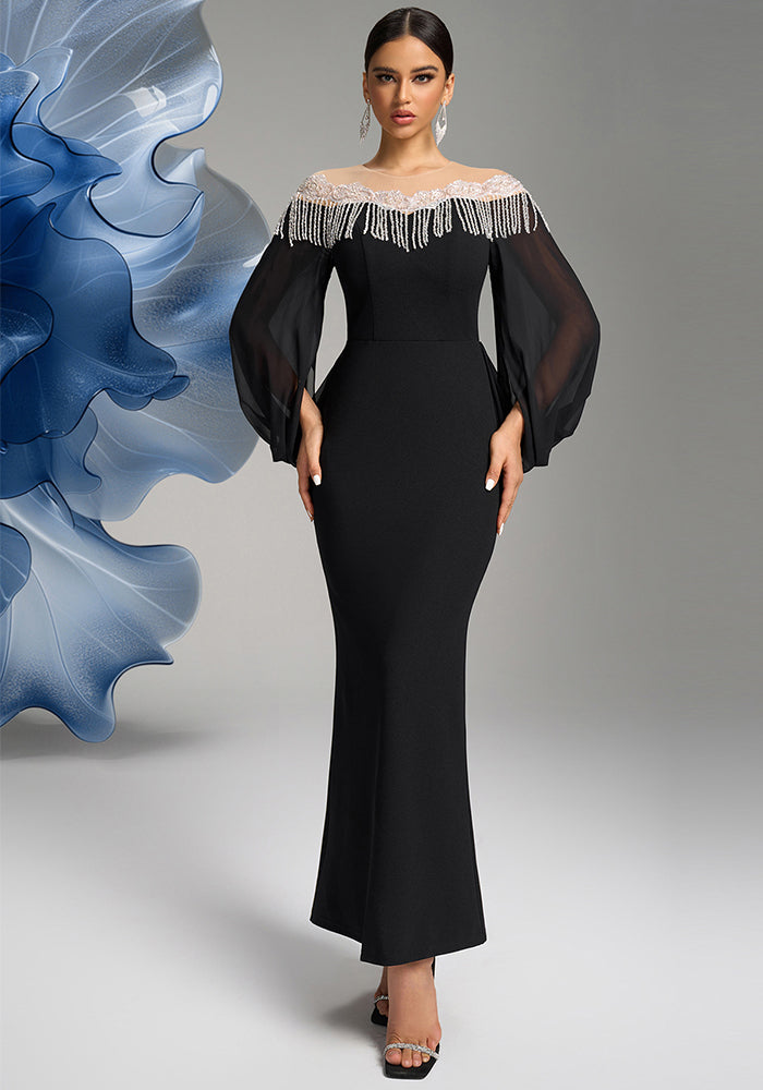 Women Round Neck Irregular Long Sleeve Light Luxury Beaded Bodycon Long Dress Dinner Dress