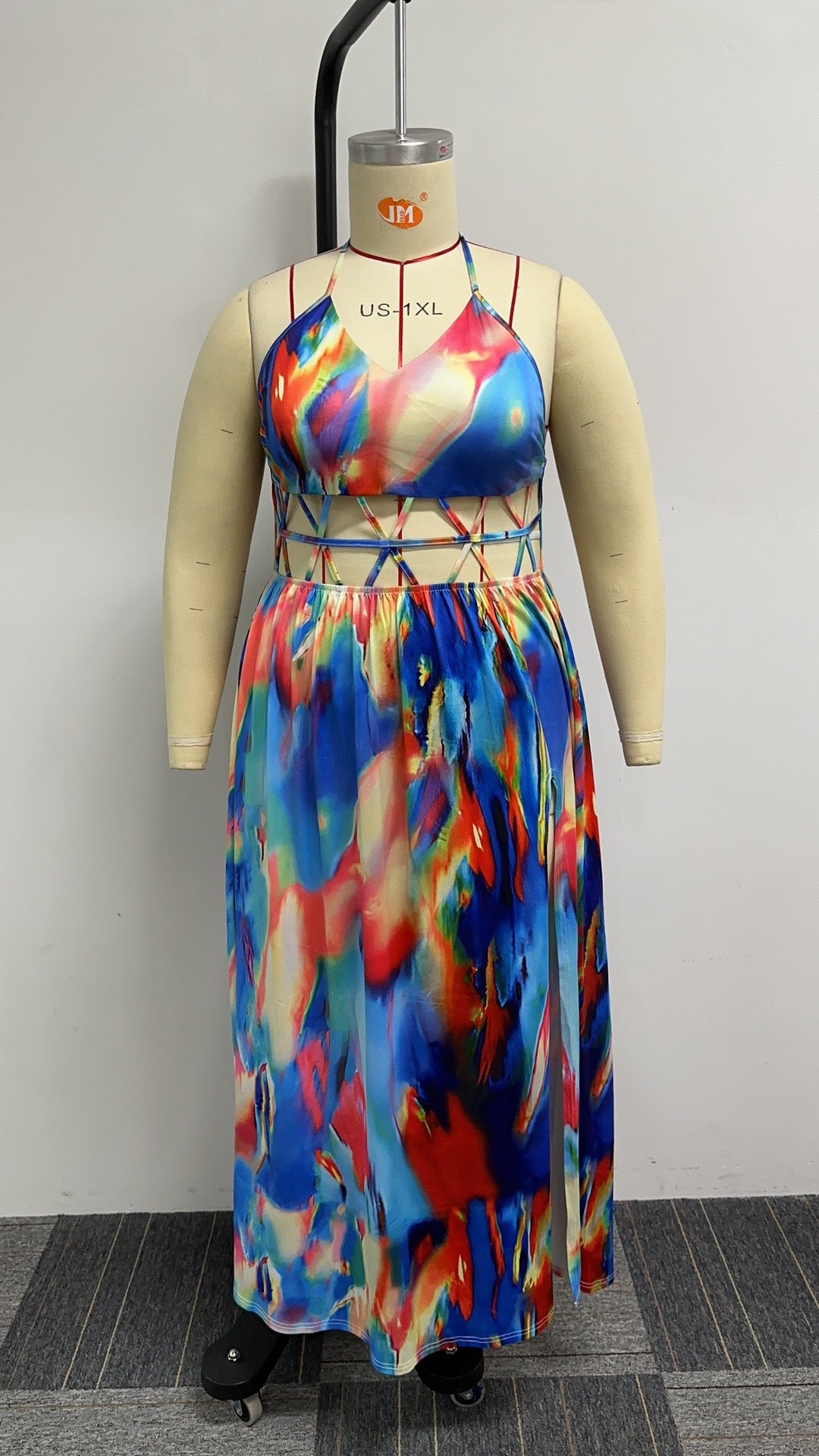 Women Print Cutout Halter Neck Lace-Up Slit Dress 9