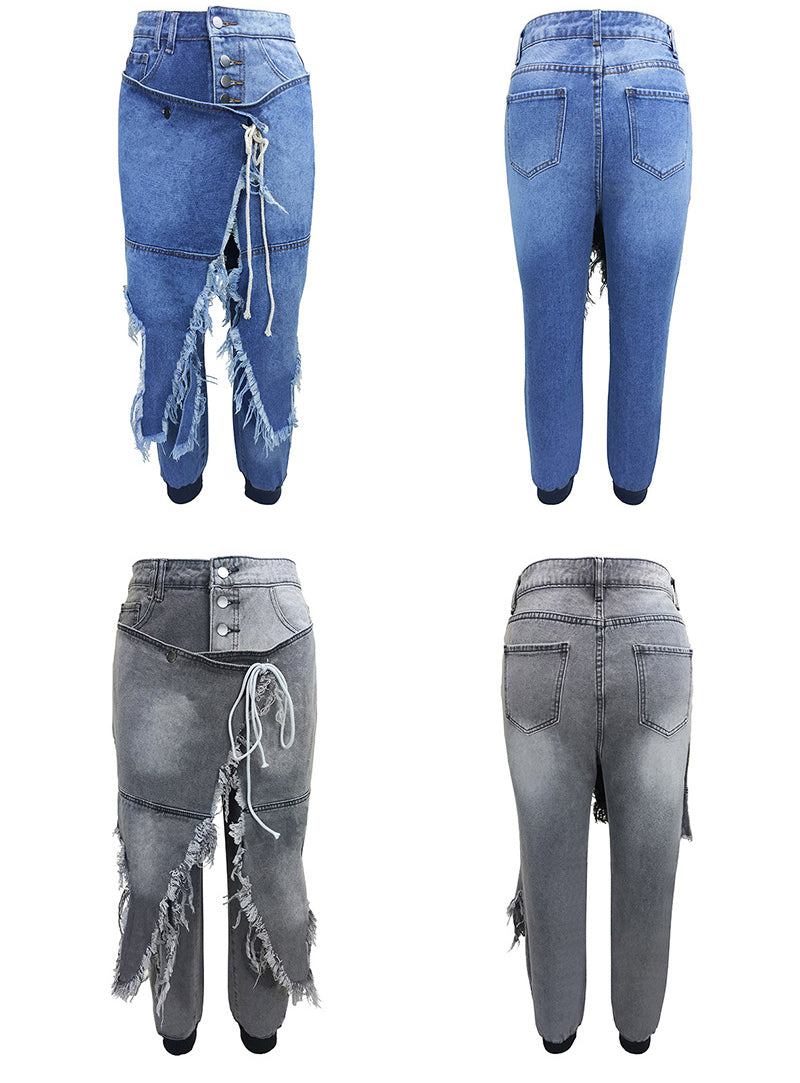 High Waist Women's Denim Pants Ripped Lace Trend Tight Jeans 6