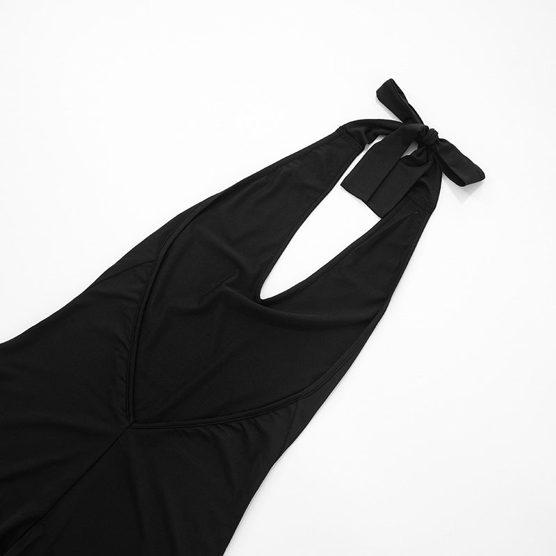 Women Spring and Summer Solid Halter Neck V Neck Backless Jumpsuit with Tie 18