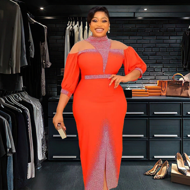 African Plus-Size Elegant Chic Beaded Patchwork Slit Bodycon Dress 4