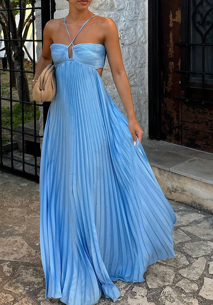 Women's Sweet Sexy Halter Strapless Pleated Solid Color Maxi Dress