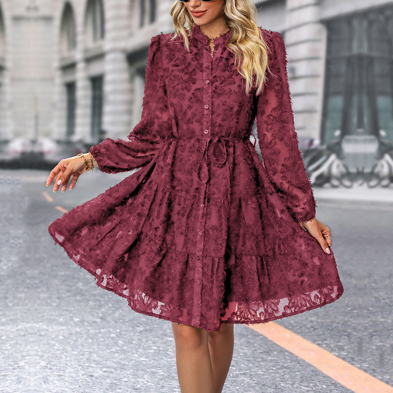 Women Long Sleeve See-Through Jacquard Dress 4