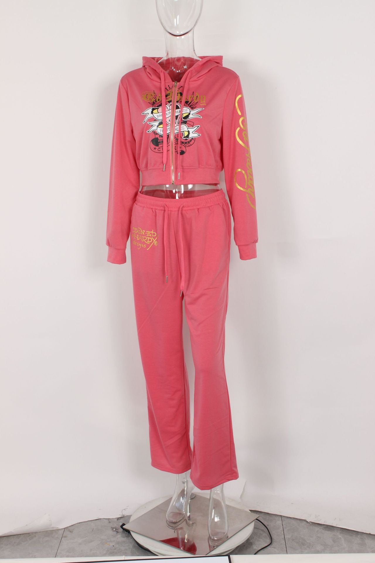 Fashionable street printed zipper short hoodies high waist straight trousers two piece set 16