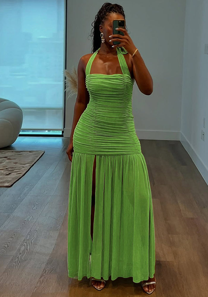 Women Fall Halter Neck Backless Pleated Double-Layered Patchwork Sexy Dress