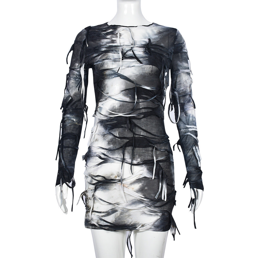 Women Tie Dye Long Sleeve Fringe Sexy Backless Bodycon Dress 9