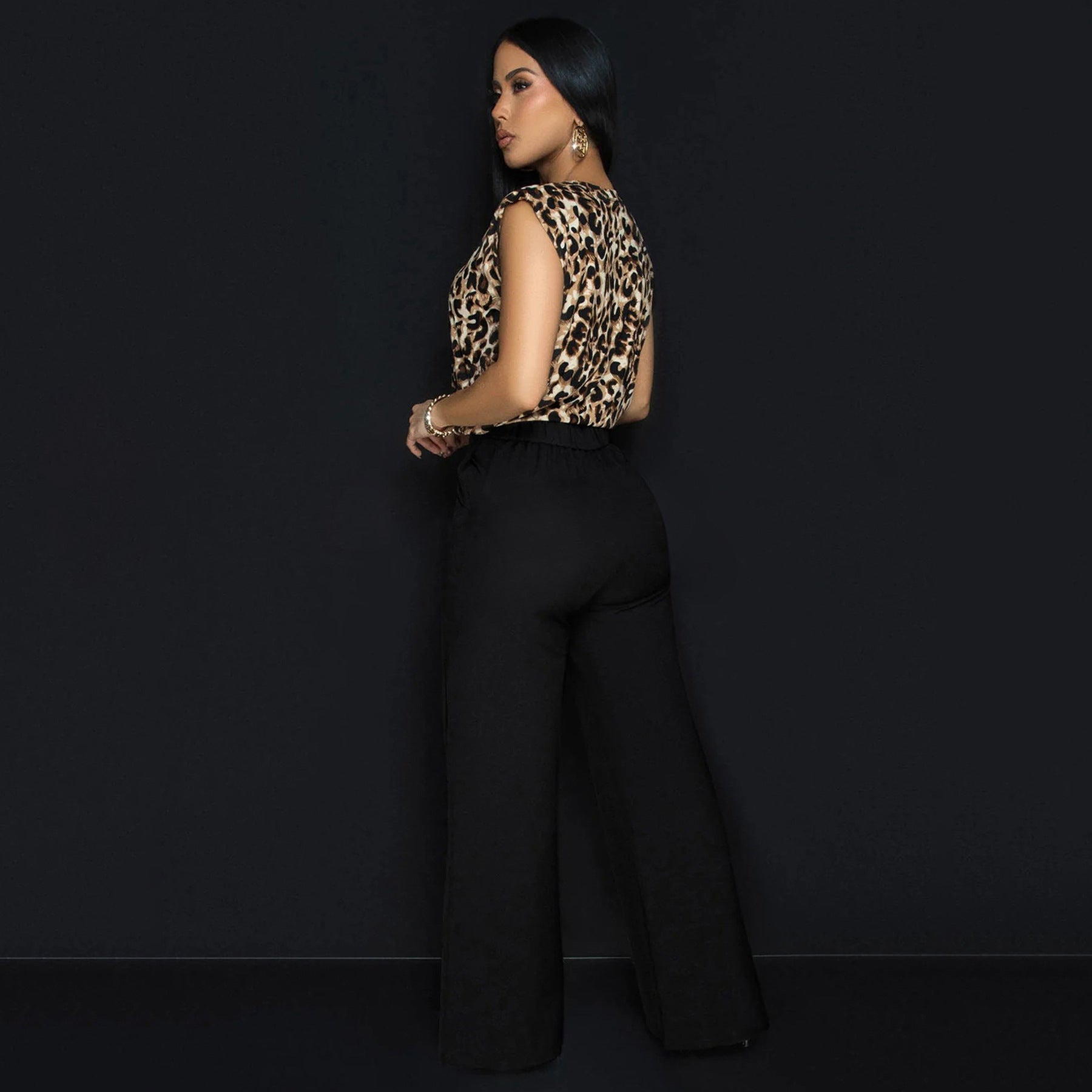 Leopard Print Sleeveless Top Straight Pants Casual Two-Piece Set