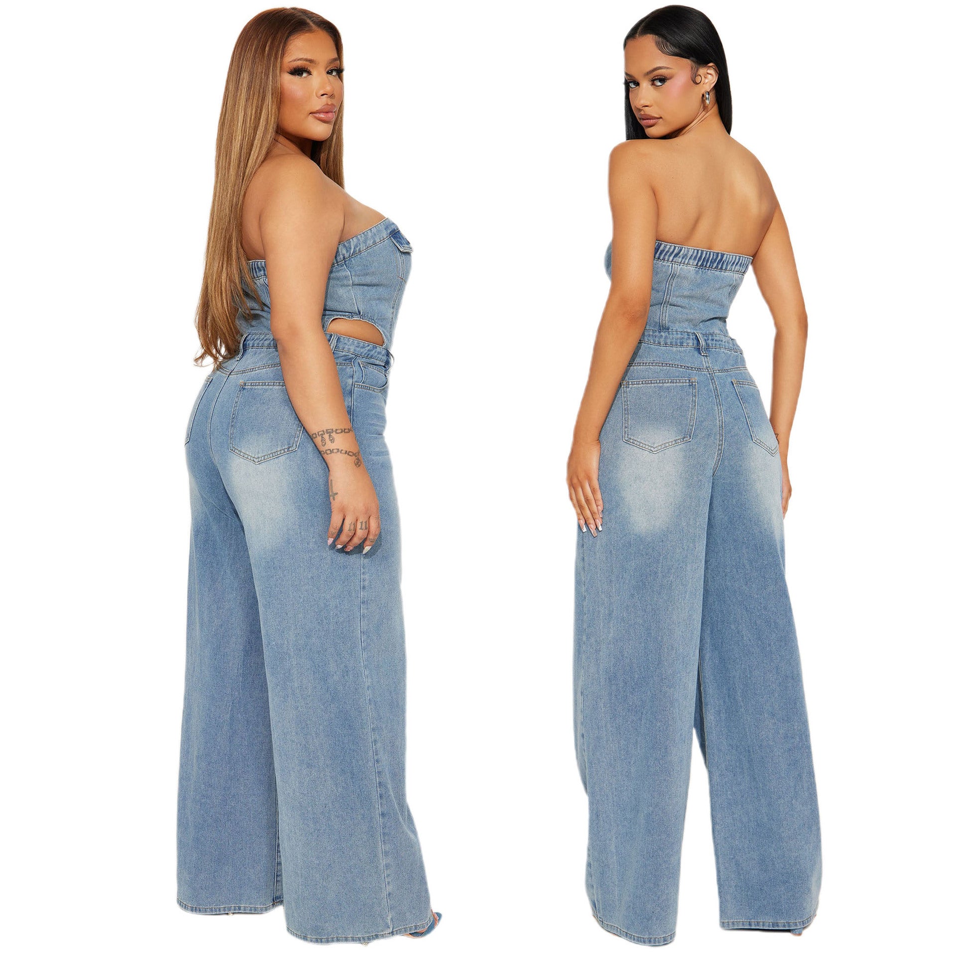 Women Strapless Off Shoulder Wide Leg Denim Jumpsuit 3