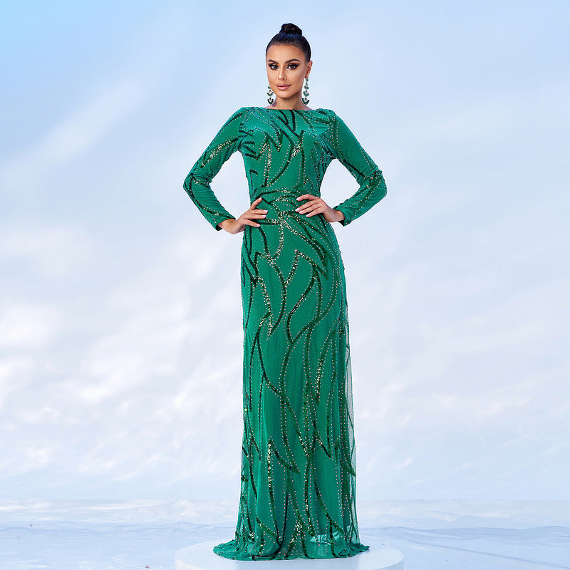 Chic Long Sleeve Round Neck Sexy Long Sequin Formal Party Evening Dress Bridesmaid Dresses For Women 5