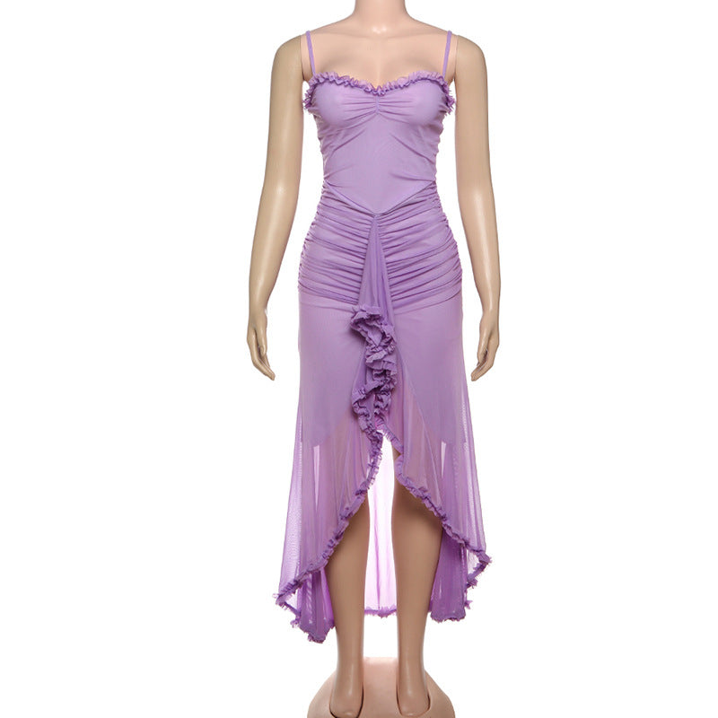 Women Sexy Backless Mesh Suspender Solid Dress 33