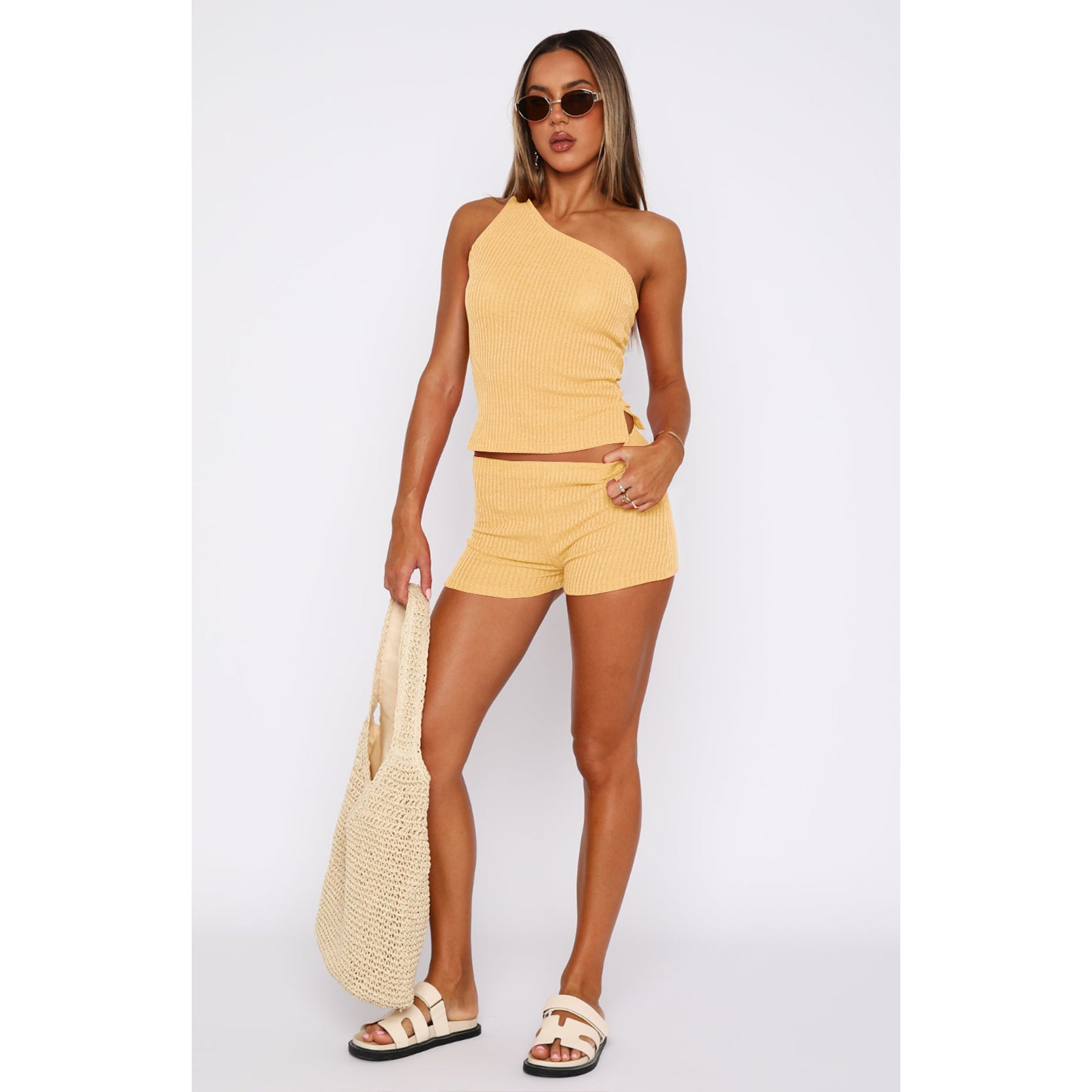 Women's One Shoulder Sleeveless Sweater Ribbed Shorts Two Piece Set 55