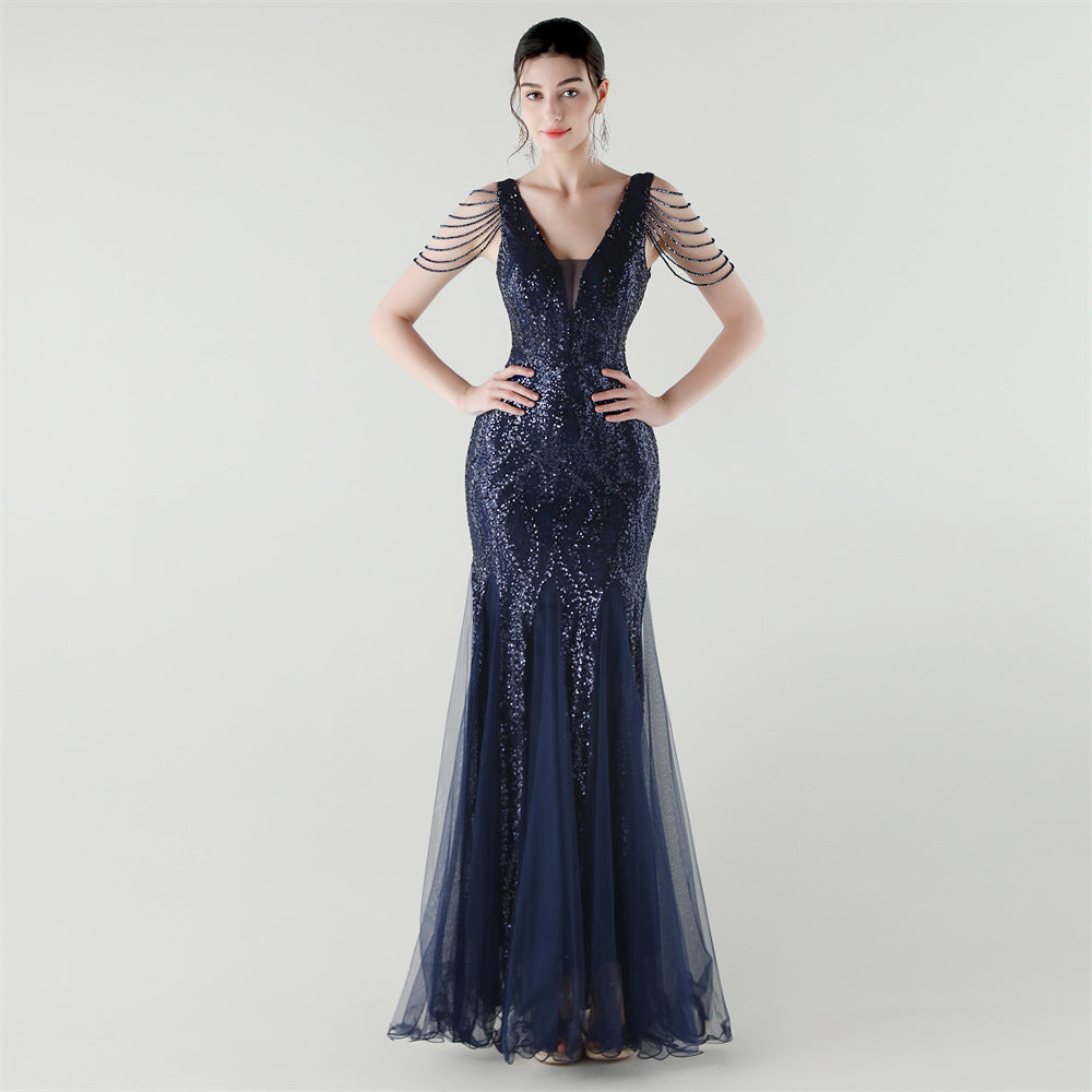 Spring Summer Low Back Sequined Mesh Slim Fishtail Party Evening Dress 22