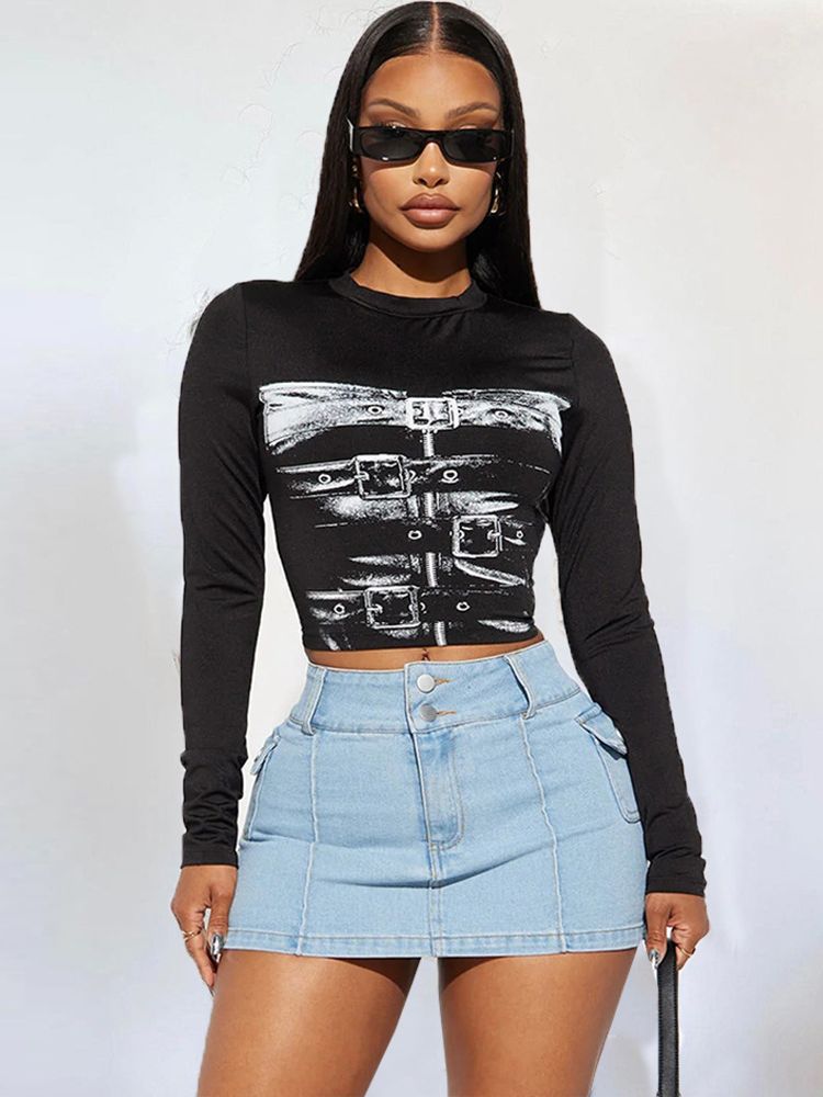 Women printed sexy long-sleeved Top and Style Skirt two-piece set 4