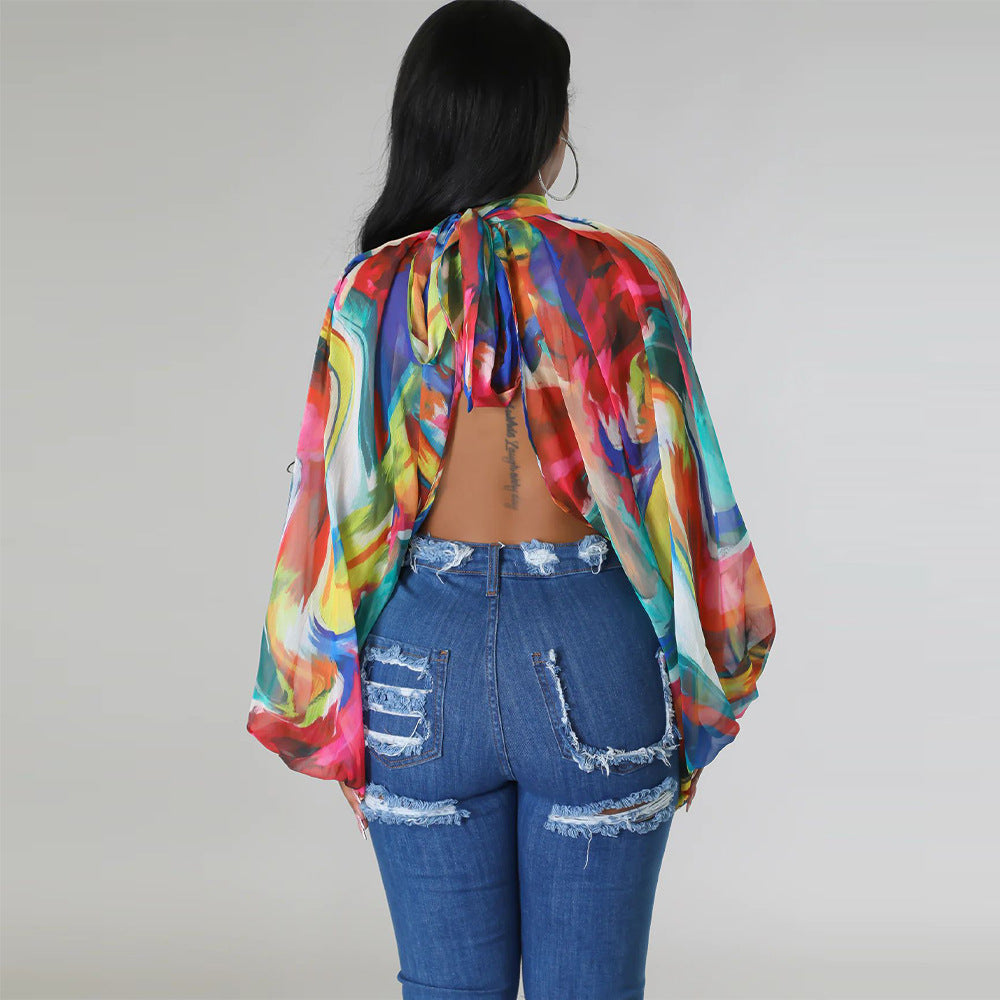 Women's Summer Lace-Up Printed Chiffon Shirt Bat Sleeves Top 36