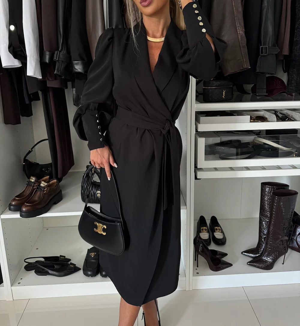 Women autumn and winter Solid shawl collar long-sleeved Blazer dress 3