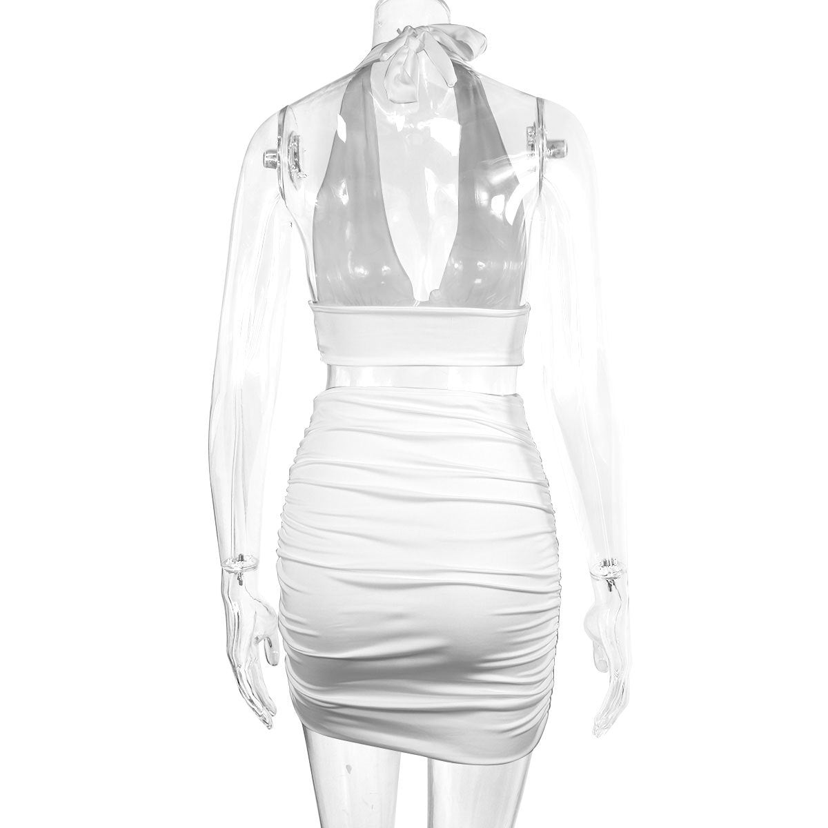 Women Halter Neck lace crop pleated v-neck top and Skirt two-piece set sexy 14