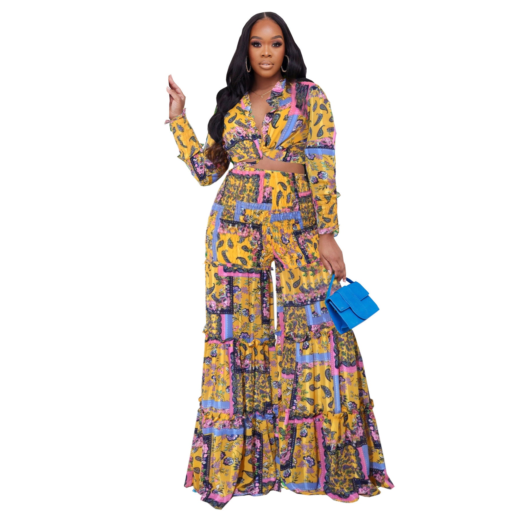 Fashion Color Contrast Printing Chiffon Long Sleeve Tie Blouse Bell Bottom Pants Two-Piece Suit For Women 12