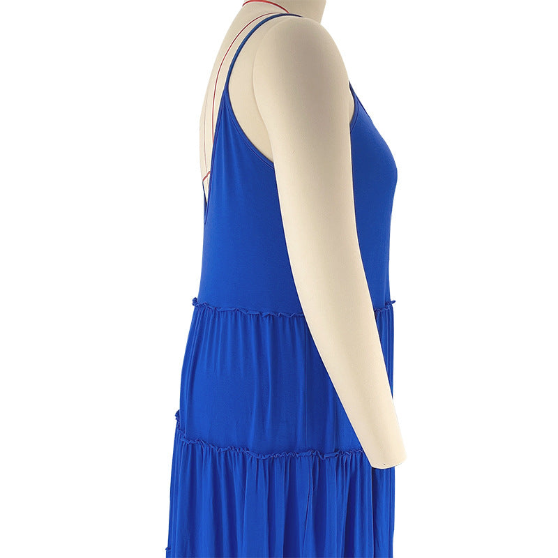 Summer Plus Size Women's Solid Color Sexy Camisole Pleated Patchwork Fashion Casual Dress 24