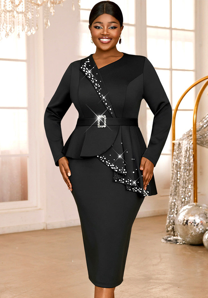 Ruffle beaded black Slim Fit Plus Size women Formal Party dress