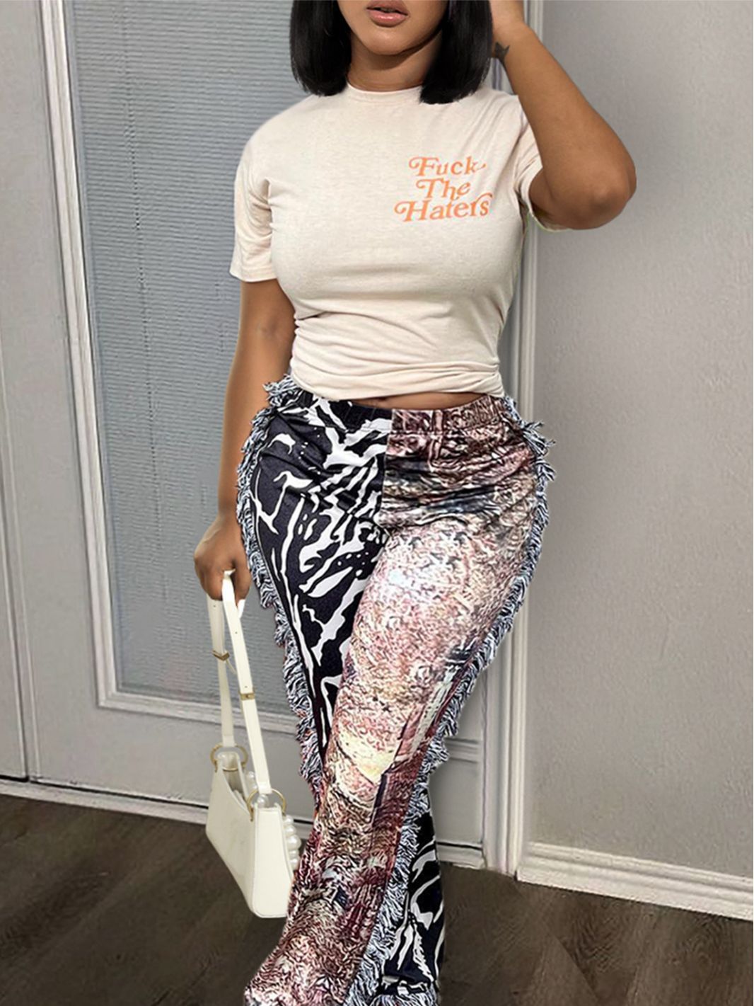 Autumn Casual Fashion Multi-Color Pattern Tassel Velvet Pants + T-Shirt Set For Women 5