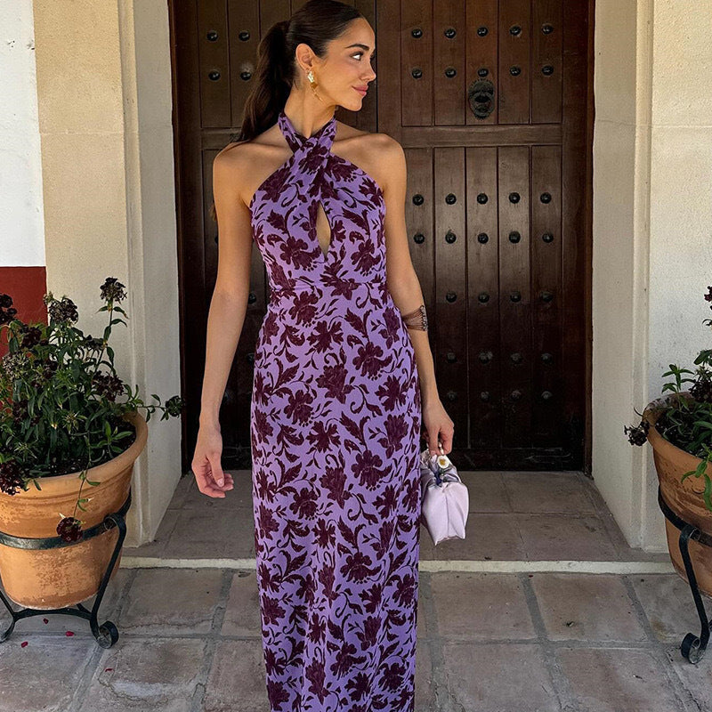 Spring Summer Women's Printed Halter Neck Lace-up Sexy Low-Back Slim Dress 4