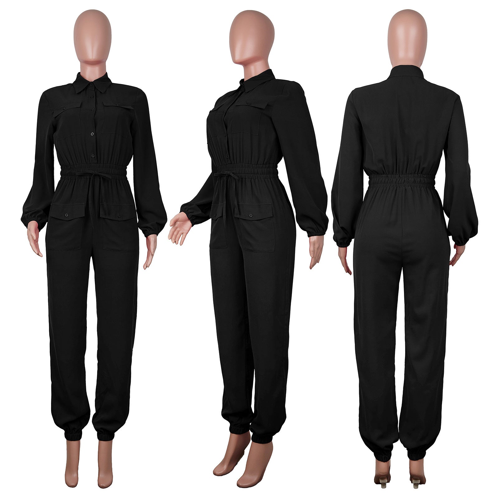 Women'S Classic Casual Solid Long Sleeve Button Up Overall Cargo Jumpsuit 11