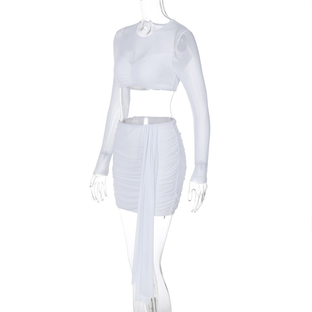 Women's Winter Long-Sleeved Round Neck Mesh Patchwork Short Skirt Two-Piece Set Fashionable Set For Women 10