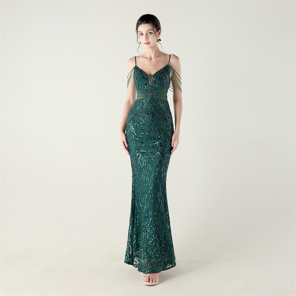 Beaded Sequin Fishtail Evening Dress Wedding Formal Party Gown 6