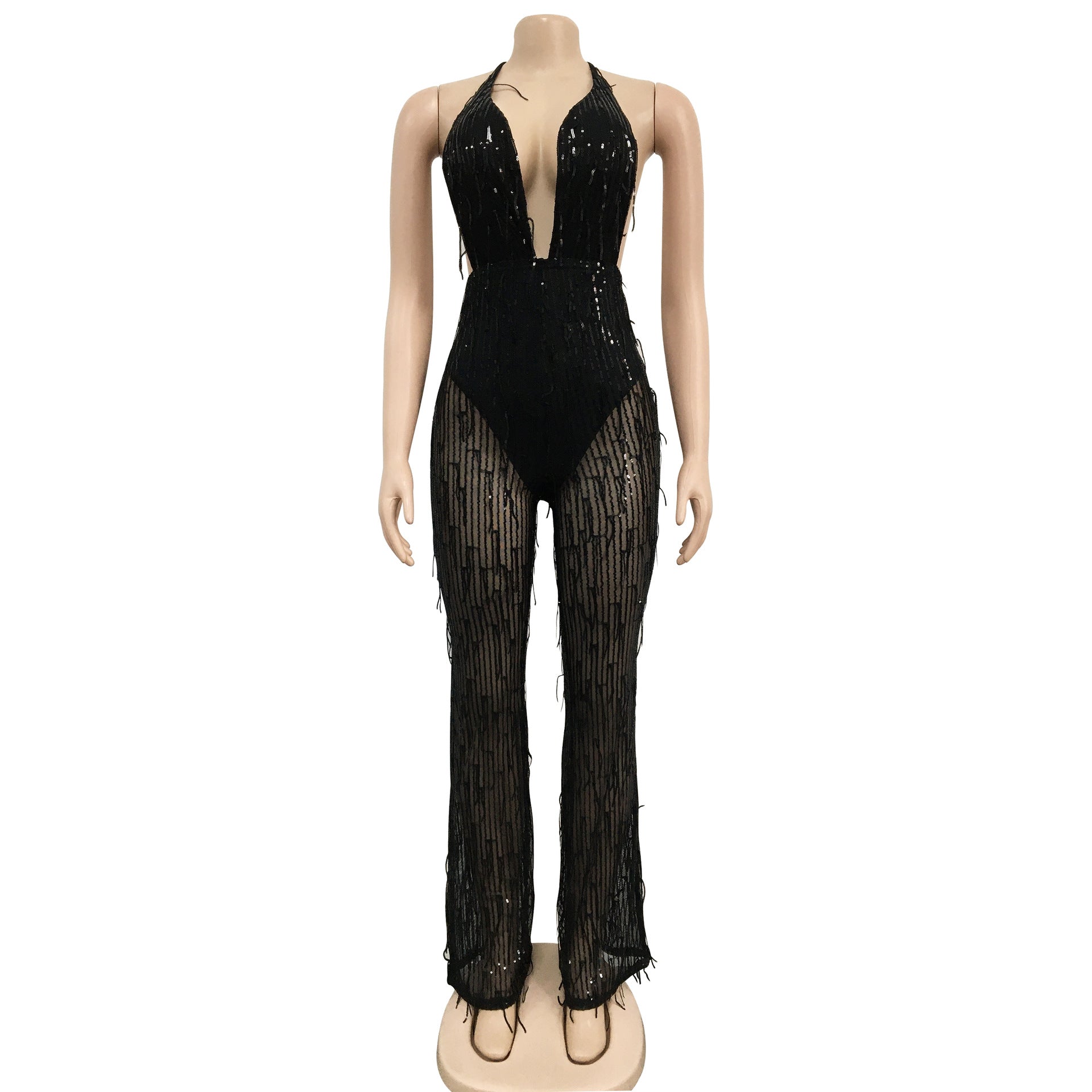 Women'S Fashion Sequined Tassel Mesh Halter Backless Nightclub Jumpsuit 13