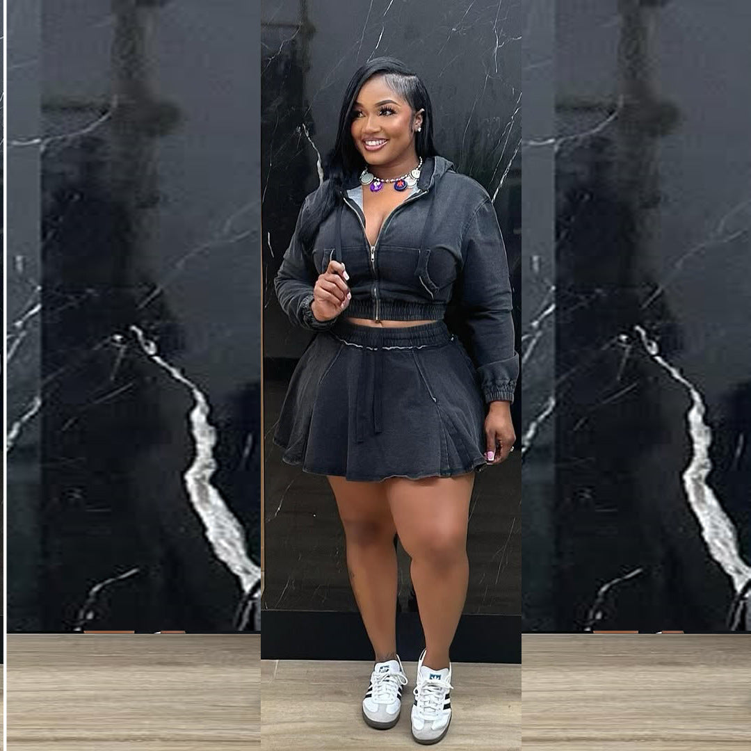 Women Casual Washed Long Sleeve Top and Denim Skirt Two-piece Set 6