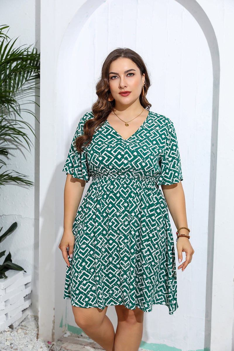 Plus Size Geometric Pattern Print Loose V-Neck Casual Dress