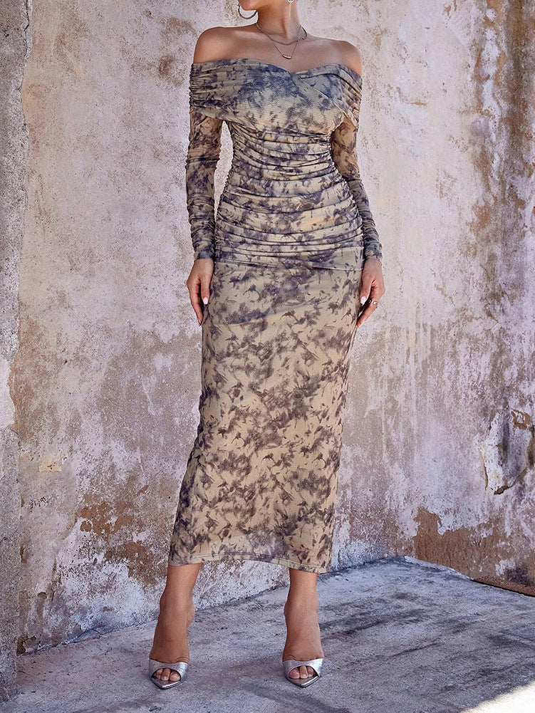 Spring Summer Women's Fashion Print Mesh Beaded Slim Evening Dress 4