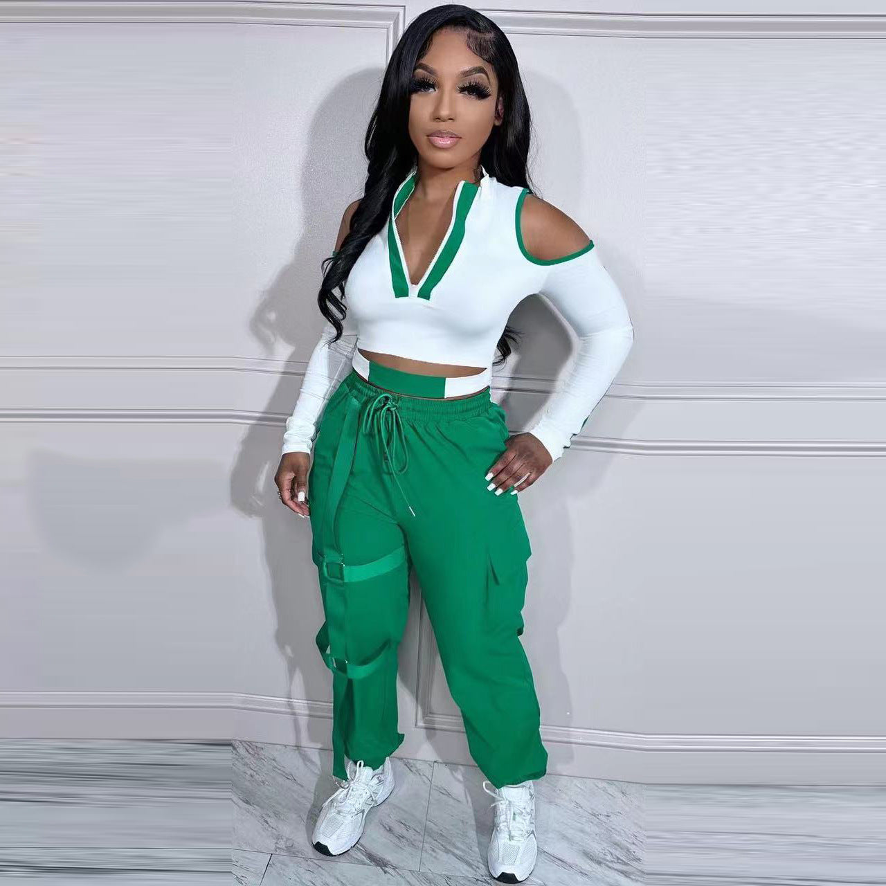 Fashionable Color Contrast Cutout Long Sleeve Two Piece Pants Set 4