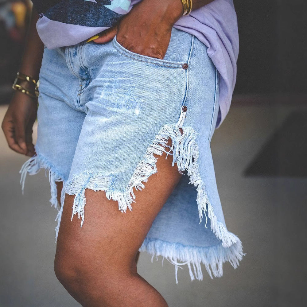 Summer Women's Tassel Ripped Denim Knee-Length Shorts 6