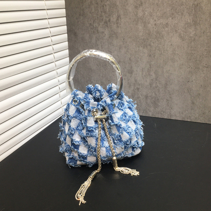 Women's Dinner Bag Flash Diamond Tassel Drawstring Satin Handheld Mini Bucket Bag Chain Messenger Bag 5