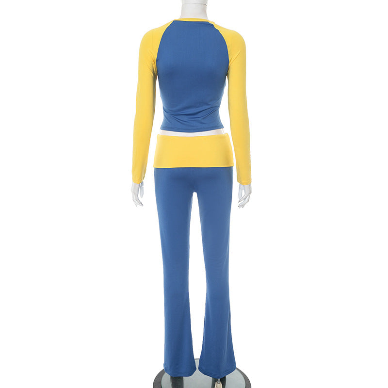 Women Contrast Raglan Long Sleeve Top and Folded Flared Trousers Two-Piece Set 17