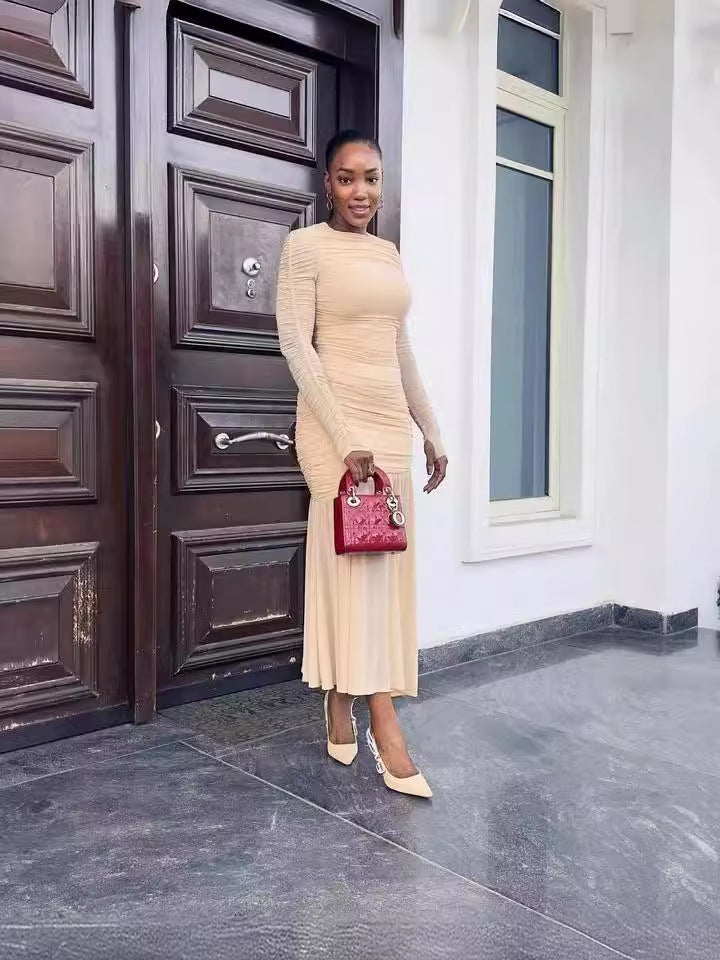 Women Elegant Sexy Round Neck Long Sleeve Pleated Solid Maxi Dress 4