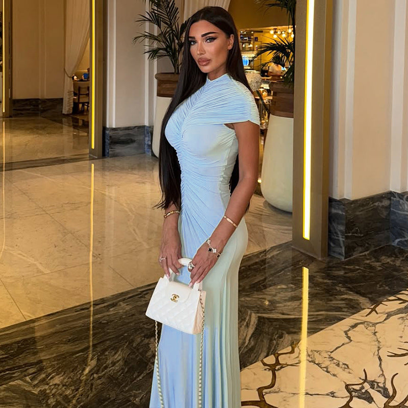 Elegant Women's Pleated Solid Color Bodycon Slim High Neck Short-Sleeve Long Dress 5