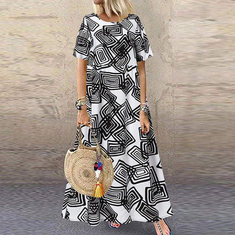 Plus Size Women Summer Short Sleeve Printed Maxi Dress 3