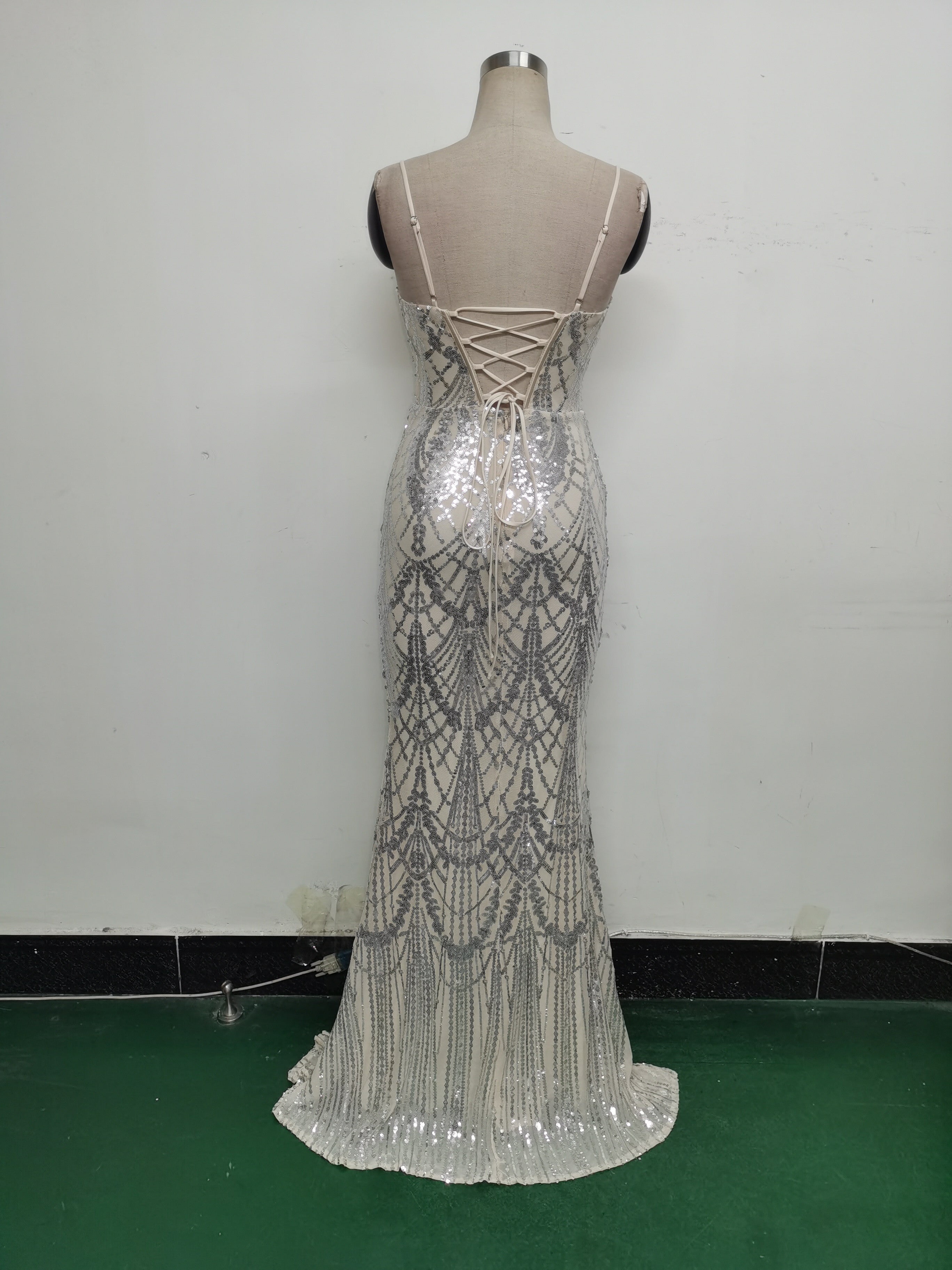 Women Beaded Tube Fishbone Lace-Up Sequin Formal Party Evening Dress 30