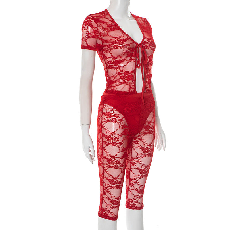 Women Sexy Lace Hollow Lace Short Sleeve Top Shorts Two-piece Set 7