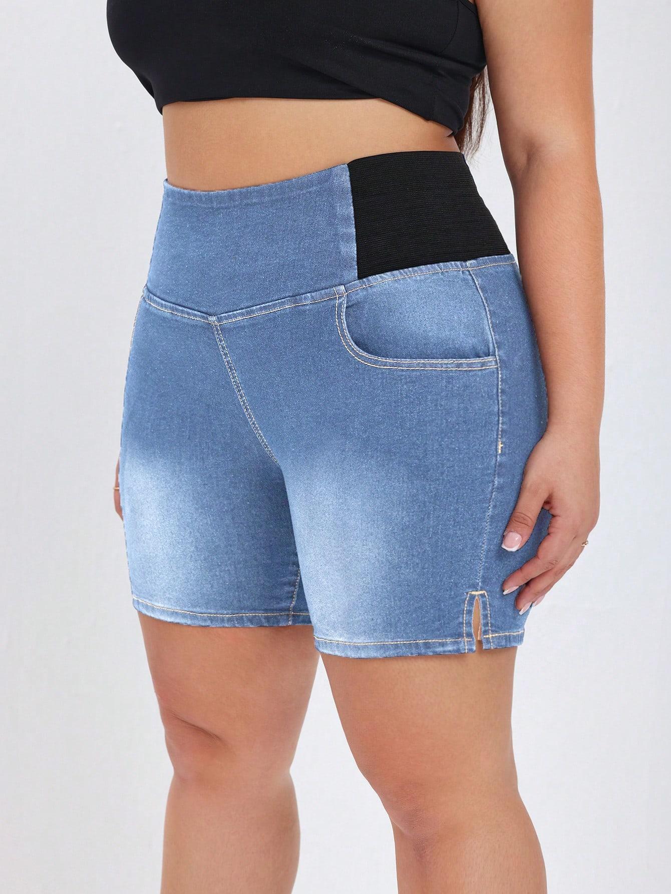 Plus Size Women Elastic Waist Denim Shorts 7