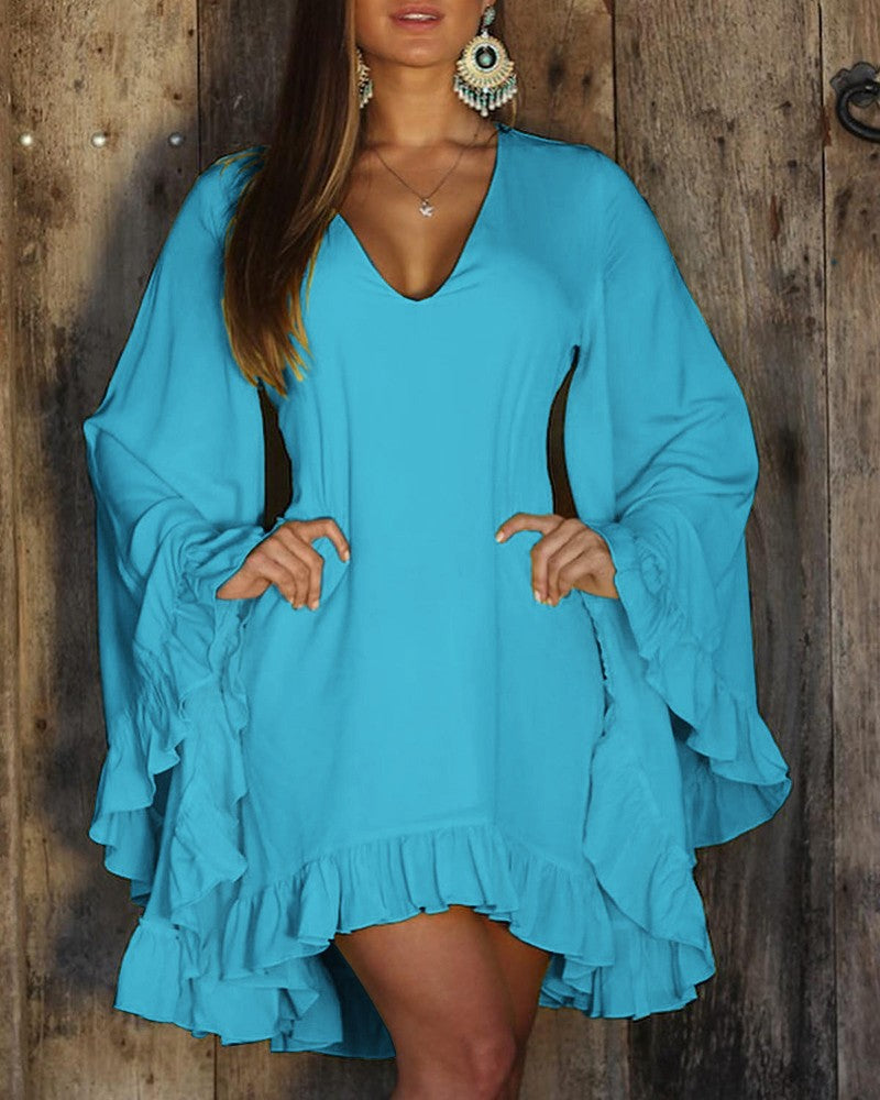 V-Neck Ruffle Bell-Bottom Sleeve Casual Dress 7