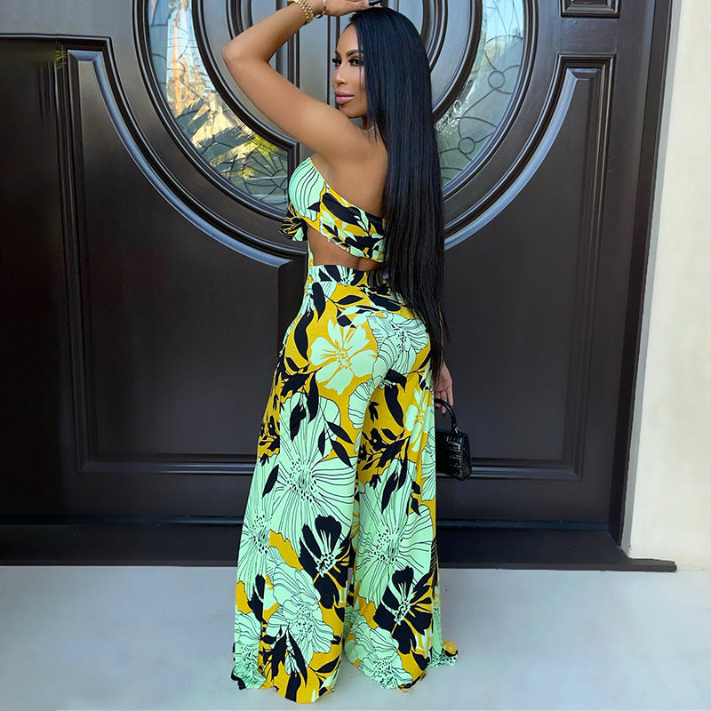 Women Casual Strap Printed Strapless Top and Wide Leg Pants Two-piece Set 4