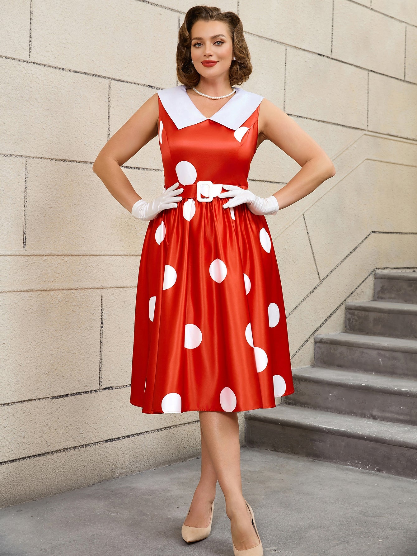 Plus Size Wedding Satin Turned-Down Collar Sleeveless Polka Dot Party A-Line Dress 10