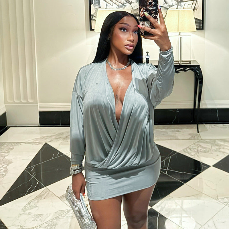 Women's Autumn Street Sexy Deep V Bat Sleeves Long Sleeve Dress 16